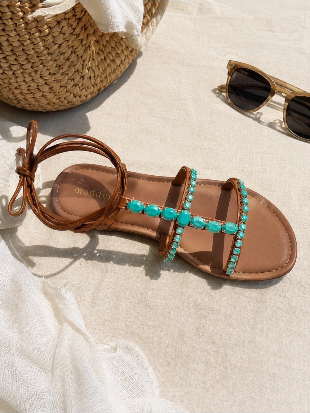 Madden Girl Brown Sandal with Turquoise Bead Straps and Lace-Up Tie